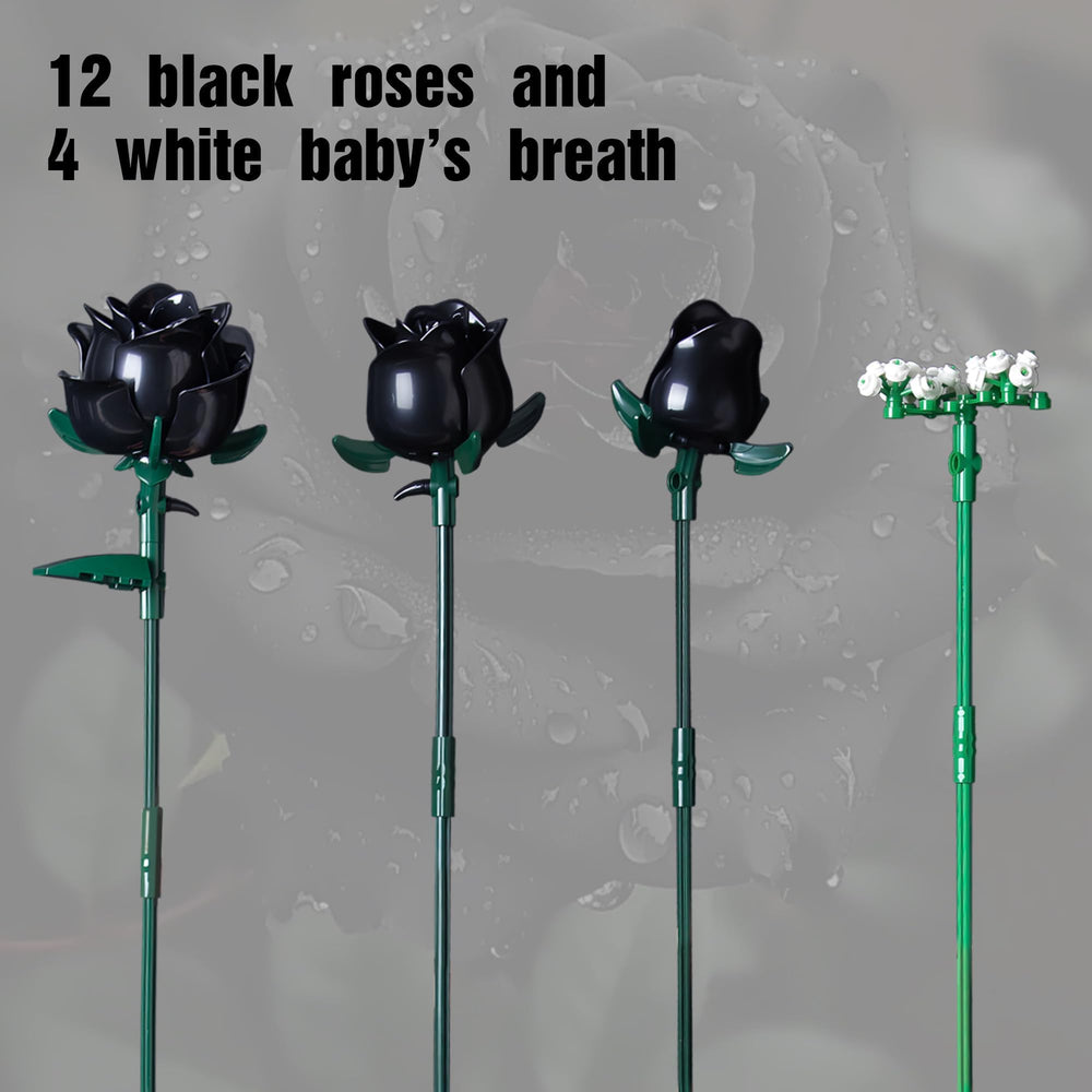 HI-REEKE black rose bouquet complete size shows tall display at 13.7 inches