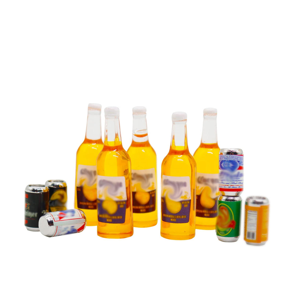 Hiawbon 11-piece miniature beer bottles for 1:12 dollhouse display, adding bar realism