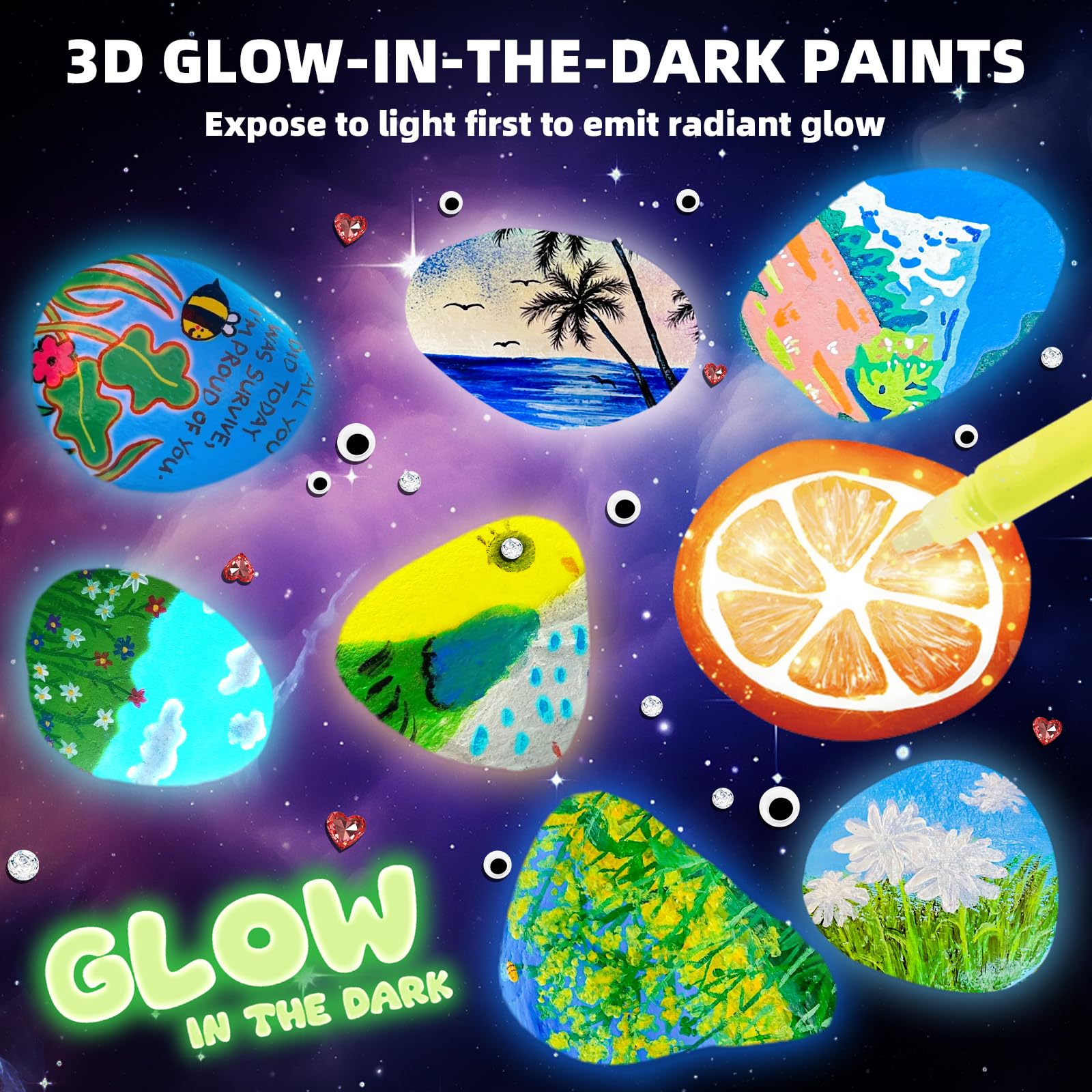 Hiawbon glow-in-the-dark paints brighten nighttime rock art projects.