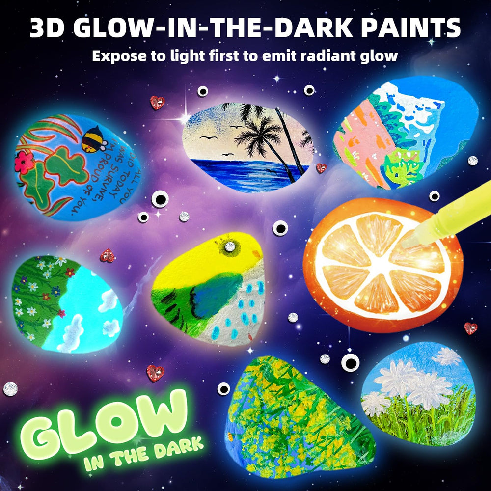Hiawbon glow-in-the-dark paints brighten nighttime rock art projects.