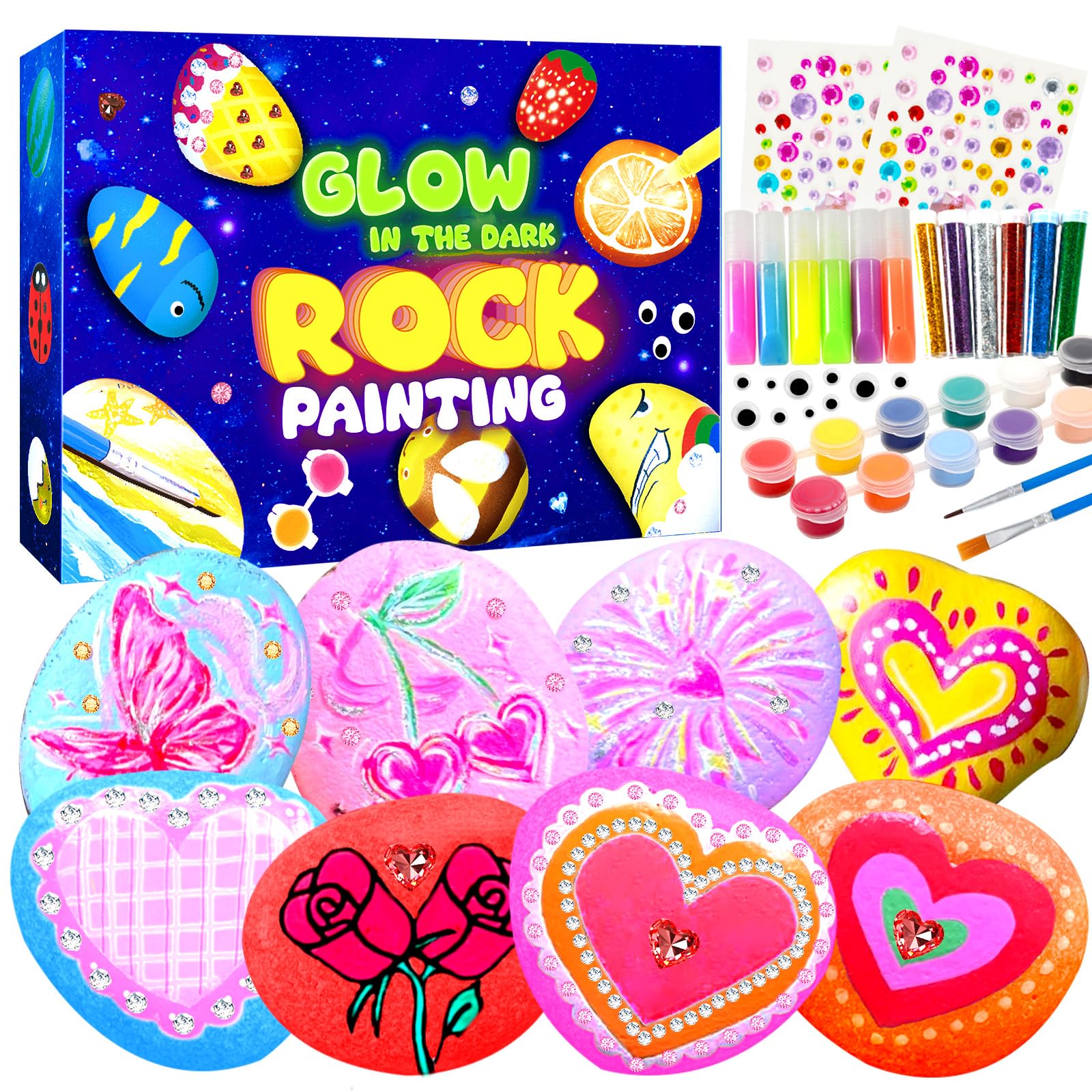 Hiawbon Valentine's rock kit packaging showing all included supplies for at-home crafts.