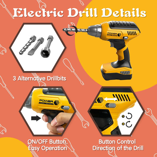 Hibility Kids Tool Set shows interchangeable drill bits to expand pretend play options.