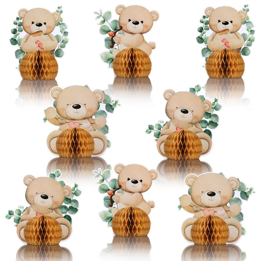 Hiboom bear honeycomb centerpiece on a party table for a baby shower
