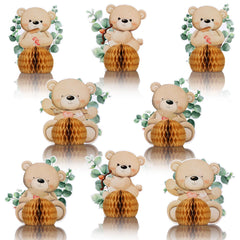 Hiboom bear honeycomb centerpiece on a party table for a baby shower
