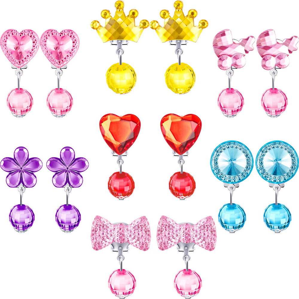Hicarer clip-on earrings feature pink crystal drops for pretend play