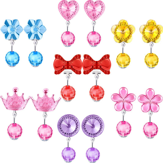 Hicarer princess clip-on earrings set with crystal designs for versatile dress-up looks.