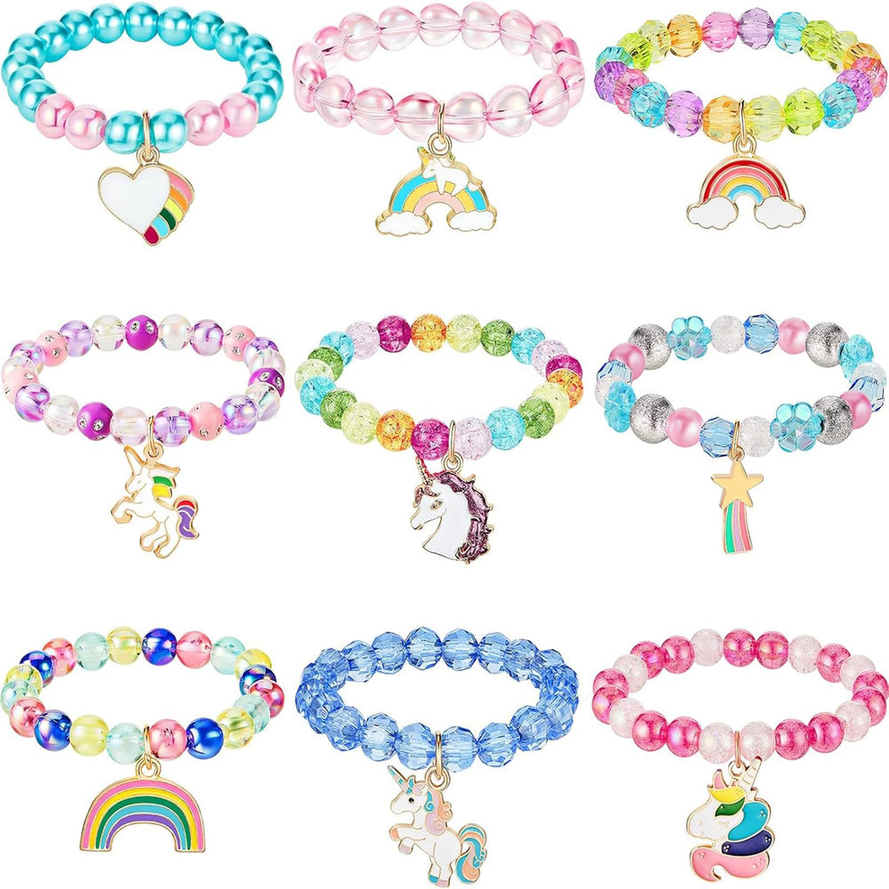 Hicarer unicorn rainbow bracelets set shows nine colorful beads for party decorations.