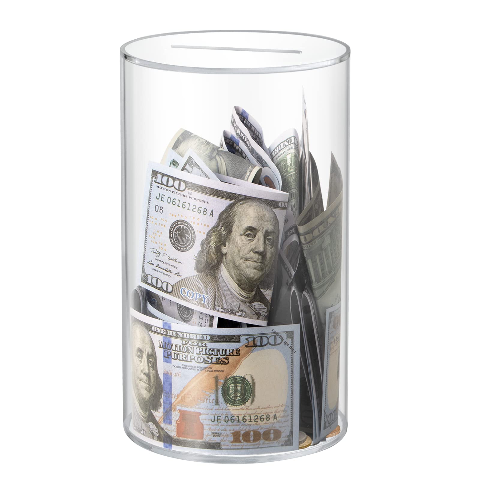 Hicocool clear piggy bank front view shows transparent acrylic for visible savings progress.