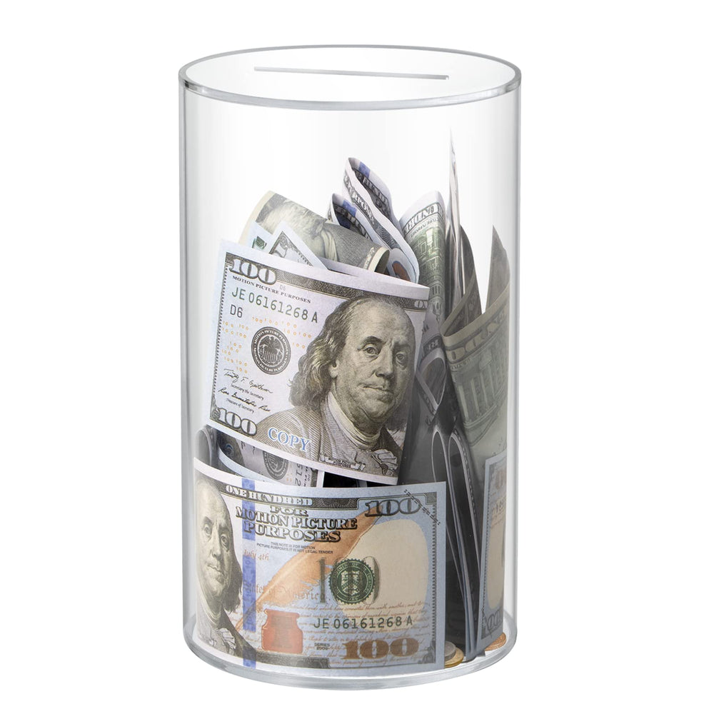 Hicocool clear piggy bank front view shows transparent acrylic for visible savings progress.