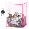 Hicocool pink front view of clear piggy bank with lock showing savings progress.