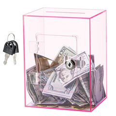Hicocool pink front view of clear piggy bank with lock showing savings progress.