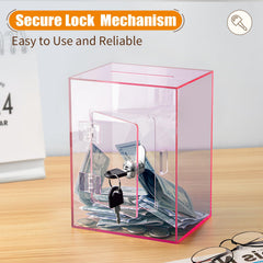 Hicocool pink side view of the lockable acrylic piggy bank for secure access.