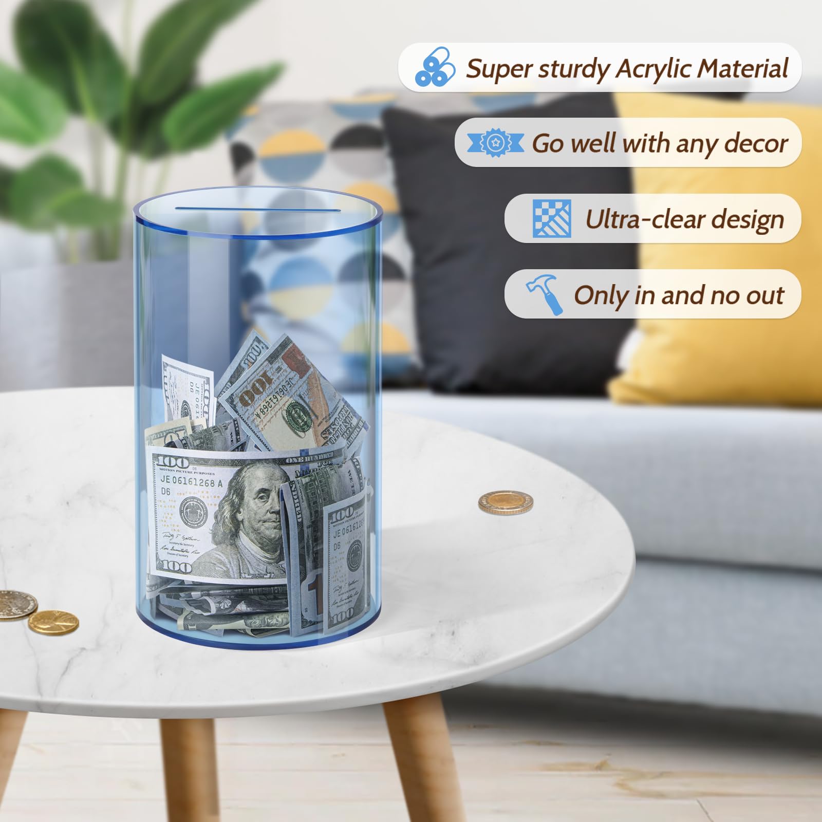 Hicocool eight-inch high, five-inch diameter piggy bank for coins and bills.