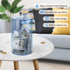 Hicocool eight-inch high, five-inch diameter piggy bank for coins and bills.