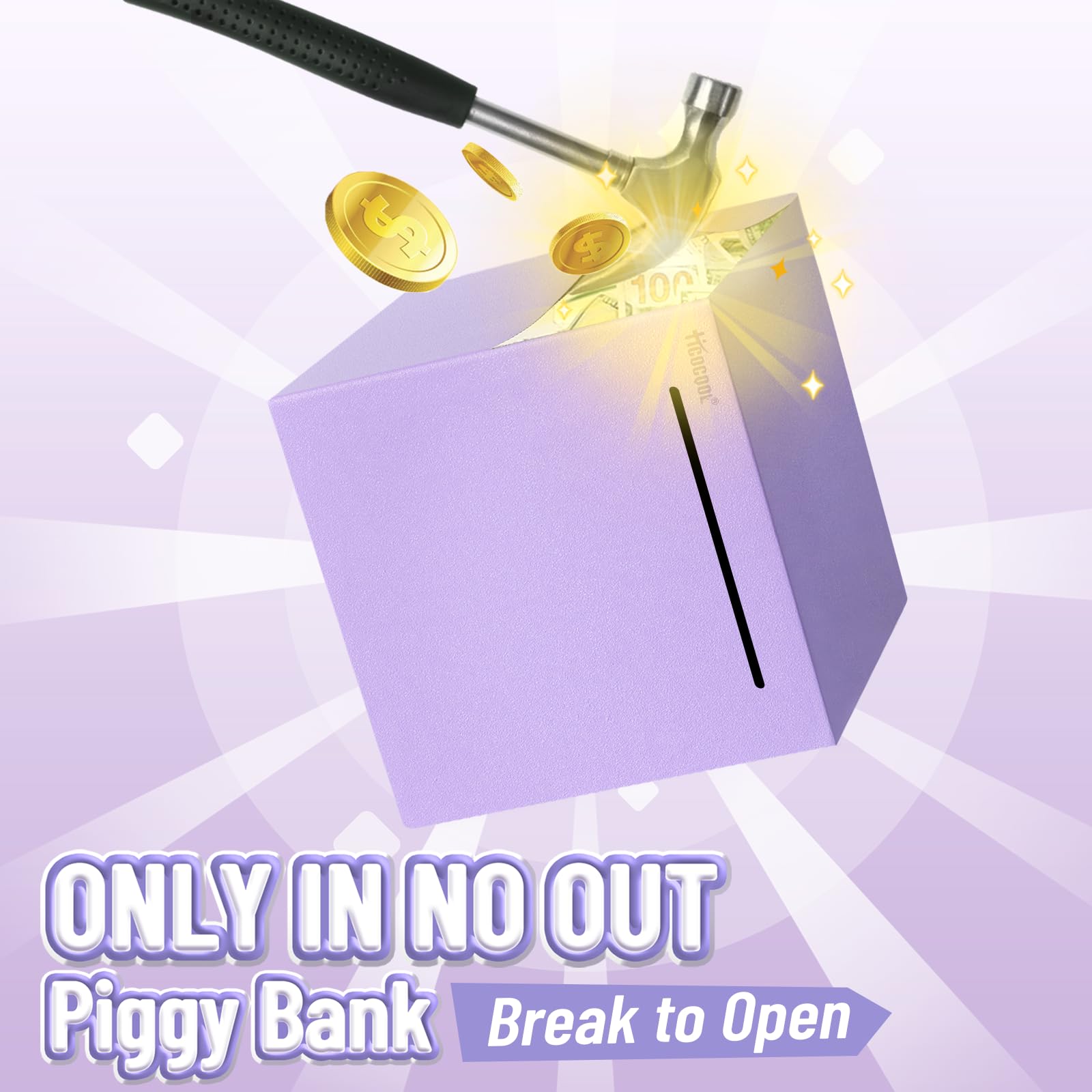 Hicocool piggy bank makes a gift with glittery purple charm.