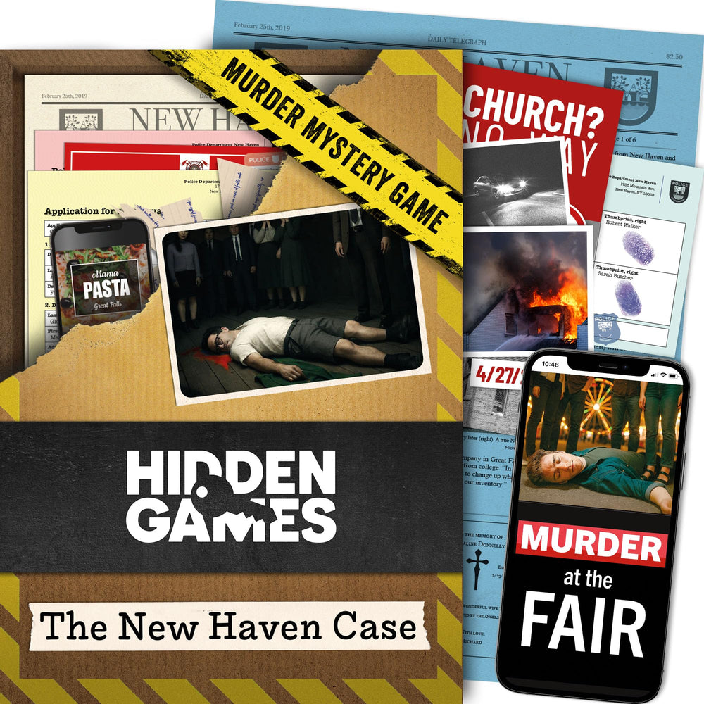Hidden Games Murder Mystery Game festival crime scene image shows clues for immersive play