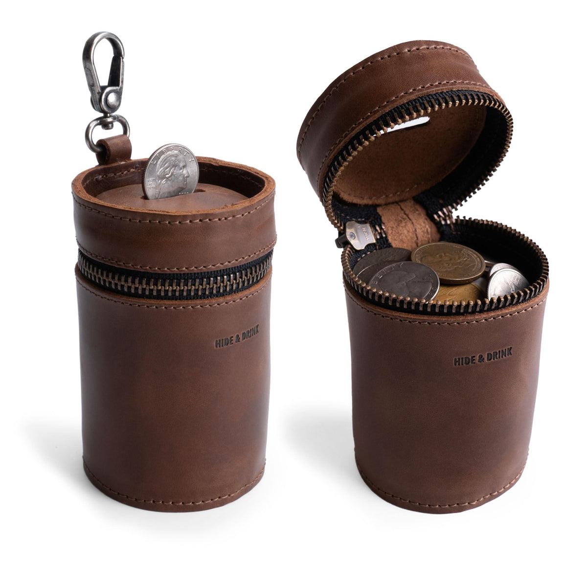 Hide & Drink leather coin pouch close-up showing full-grain texture for durability