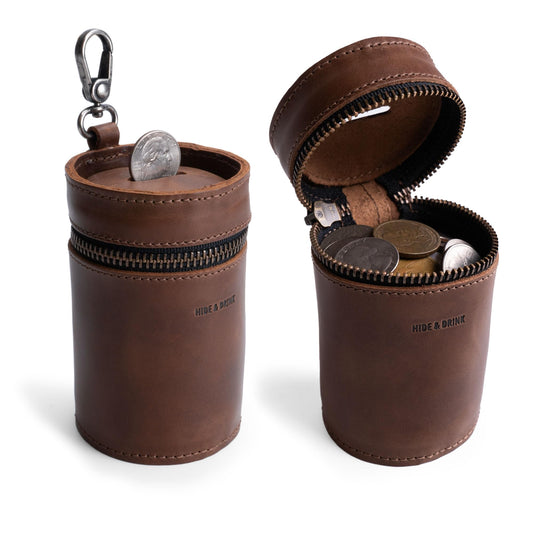 Hide & Drink leather coin pouch close-up showing full-grain texture for durability