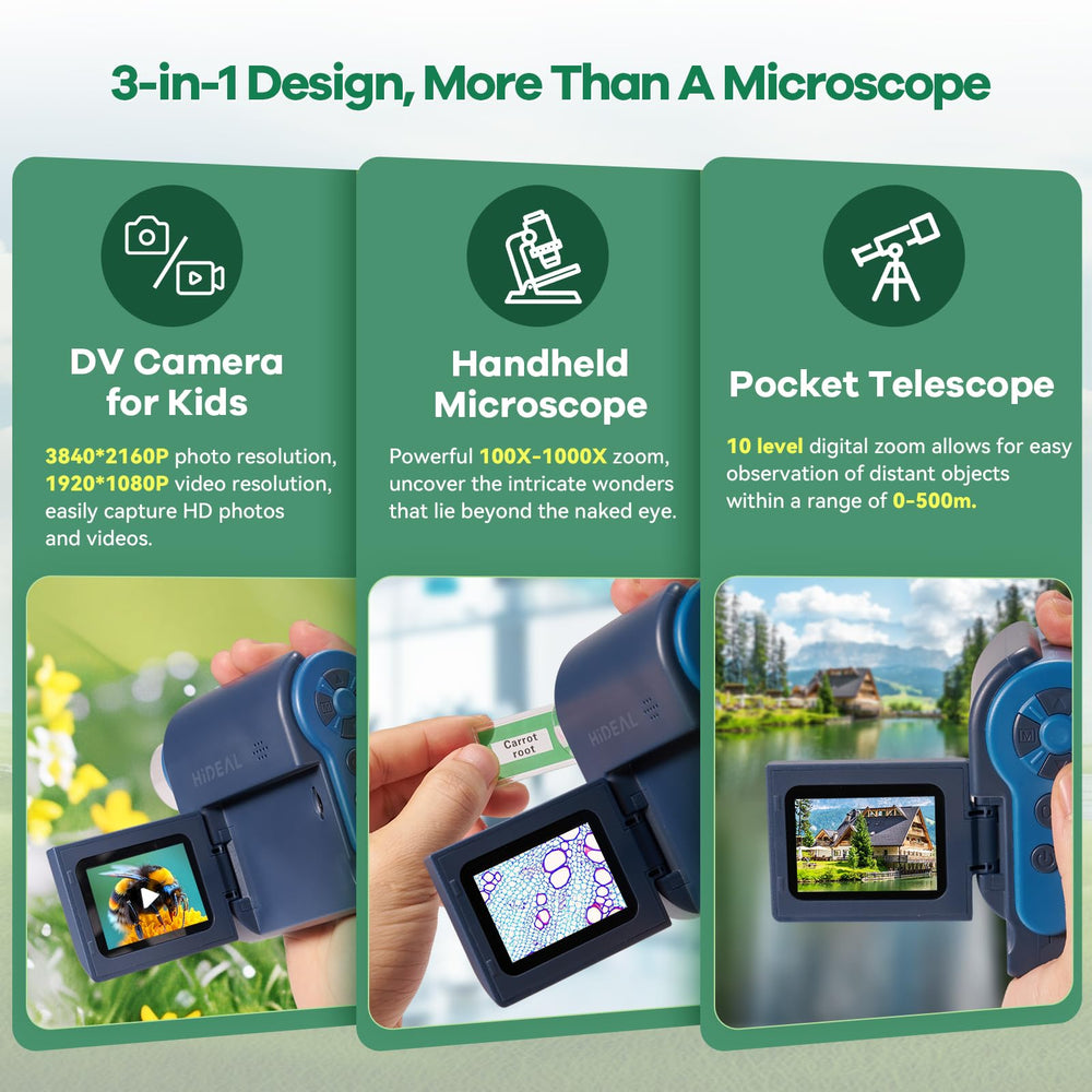 Hideal HP20 handheld microscope magnifies tiny details on leaves for classroom discovery.