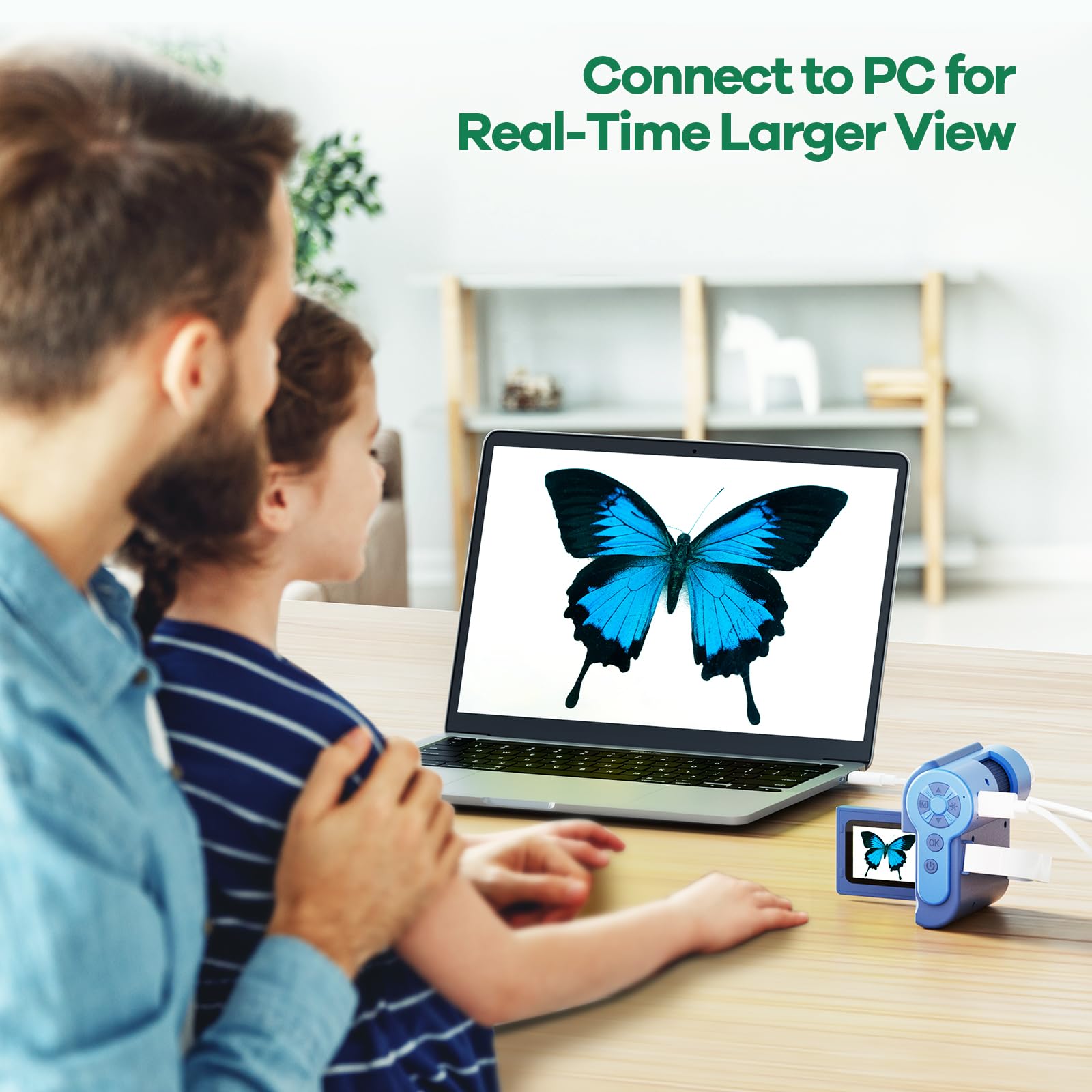 Hideal HP20 connects to PC for live enlarged viewing.