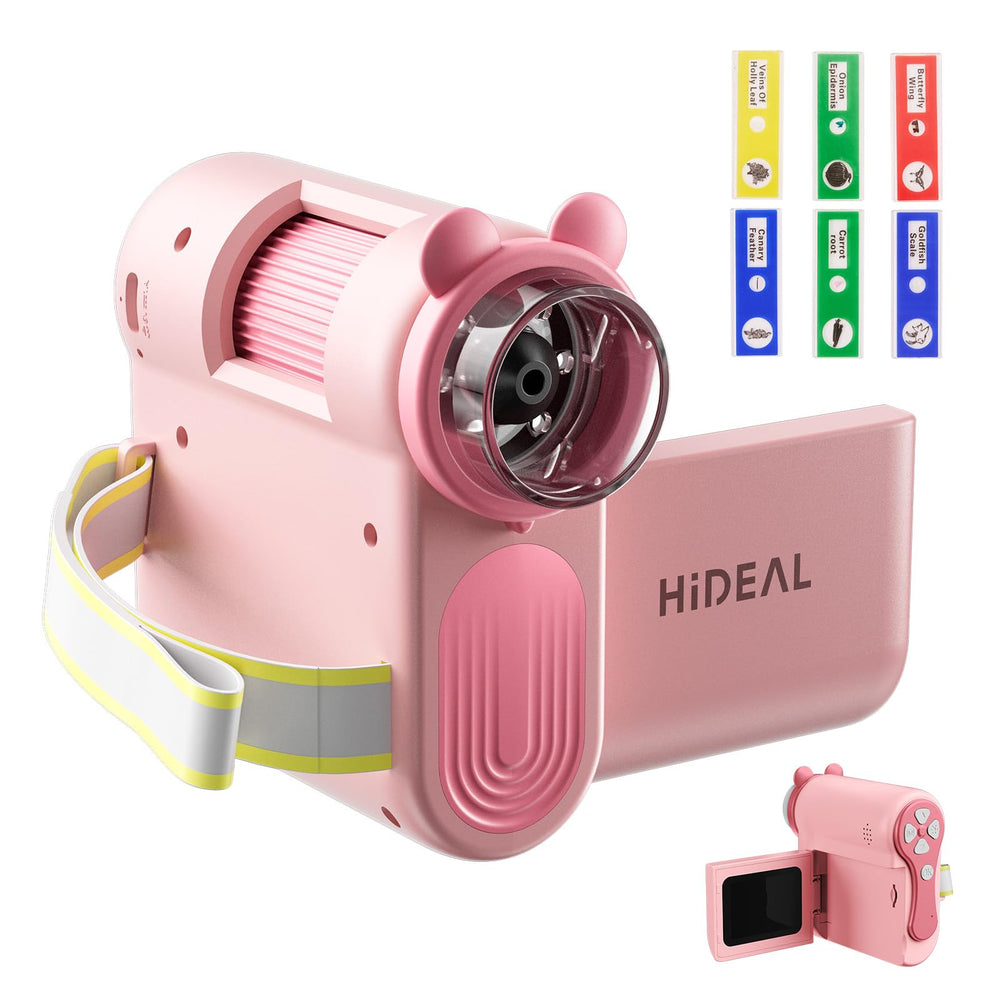 Hideal HP60 kids microscope front view shows portable pocket design for on-the-go science
