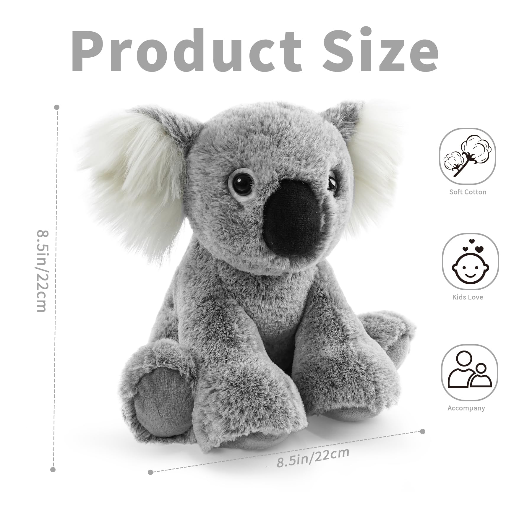 Hideekoog Koala plush features soft long-hair fabric for skin-friendly play.