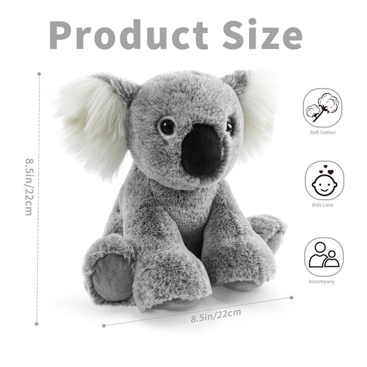 Hideekoog Koala plush features soft long-hair fabric for skin-friendly play.