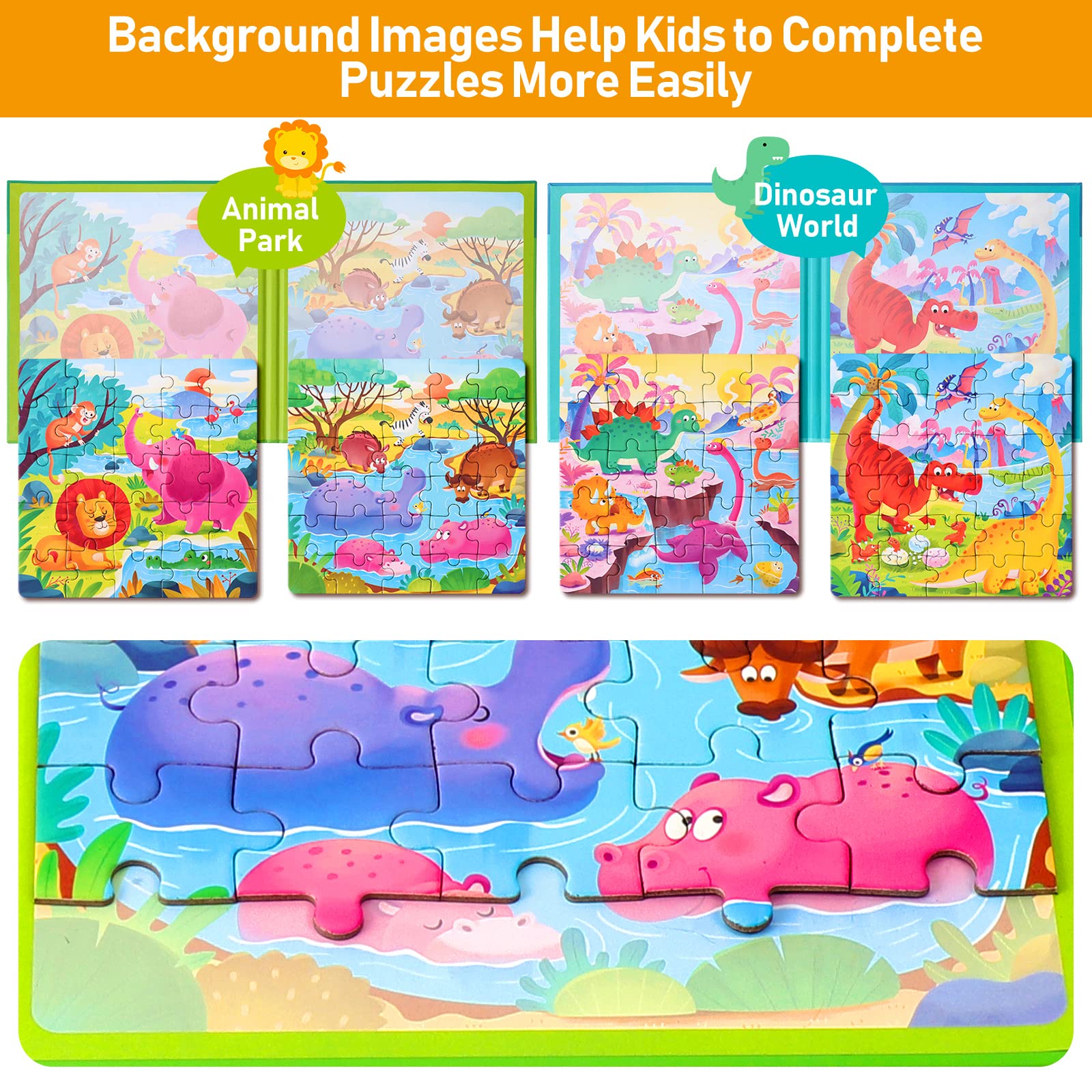 Hieoby bright color illustrations stimulate recognition of animals and dinosaurs.