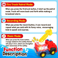 Hieoby fire truck includes three fire-safety songs for music time.