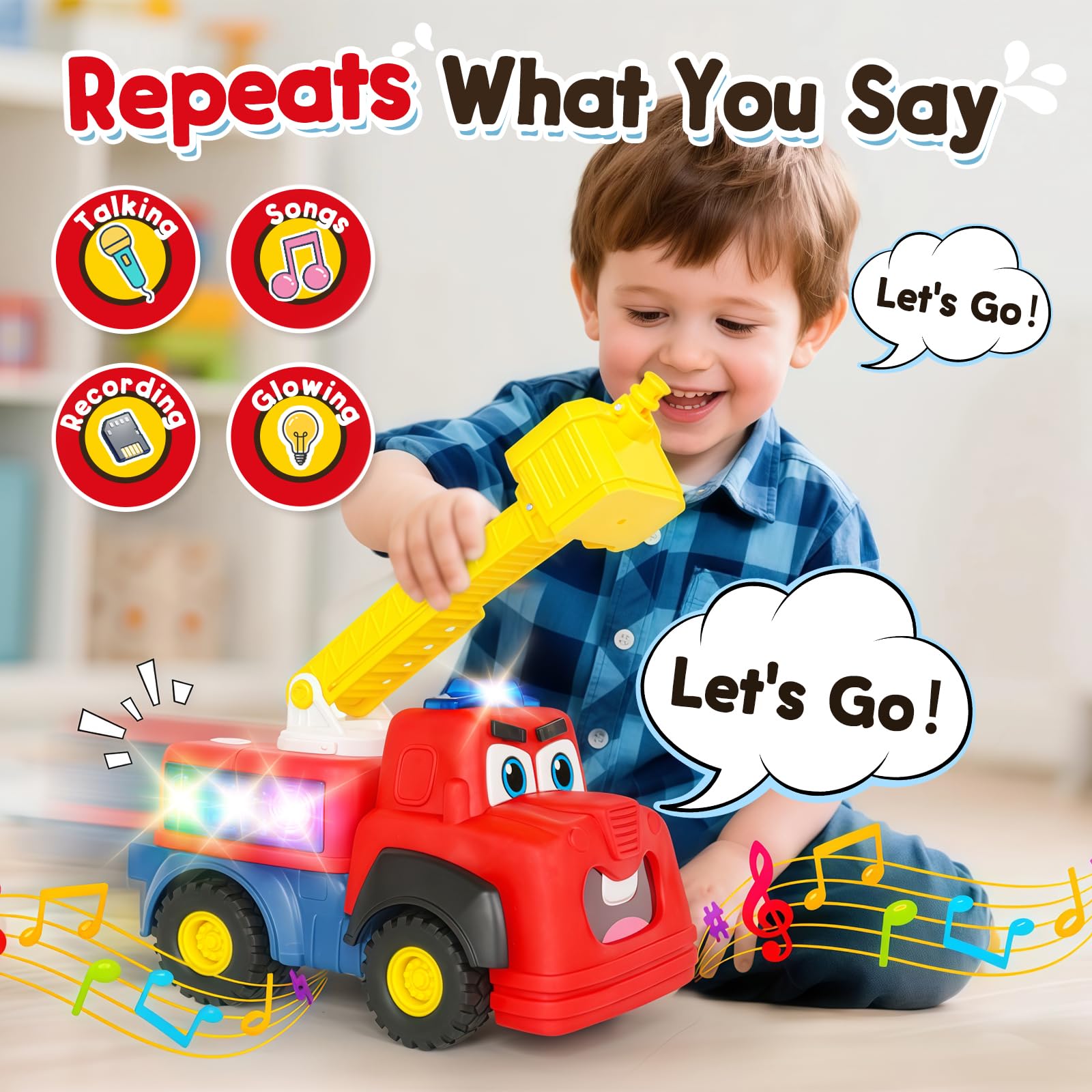 Hieoby fire truck with illuminated sirens sparks dramatic nighttime play.