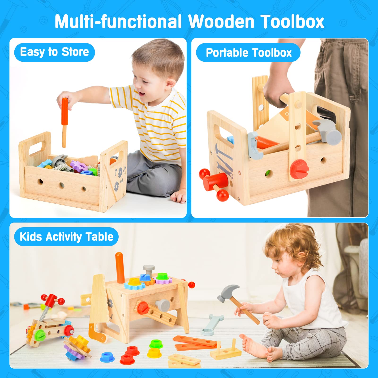 Hieoby wooden hammer helps pretend construction while building hand strength and coordination.