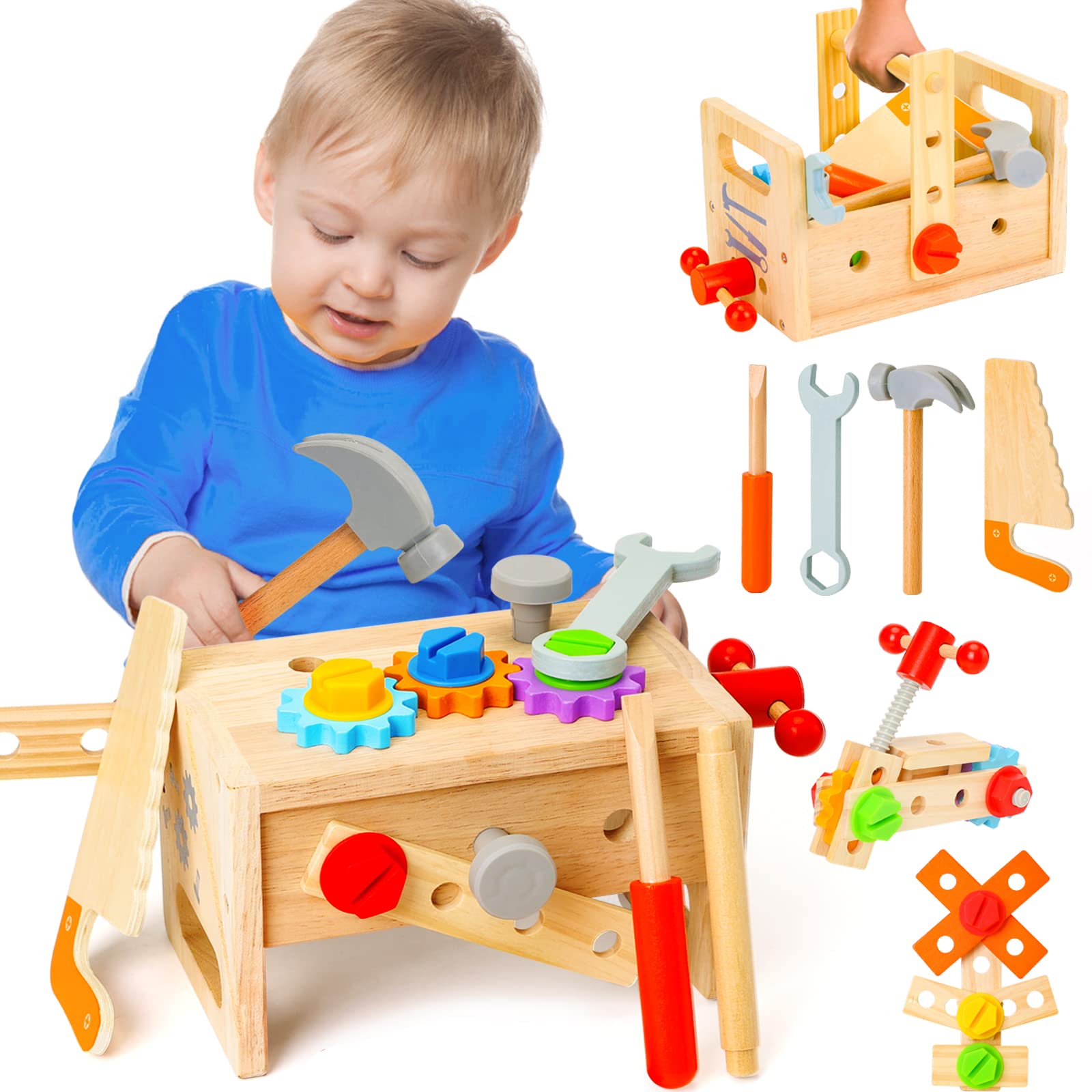 Hieoby wooden tool set toolbox with bright colors encourages creative play and organization.