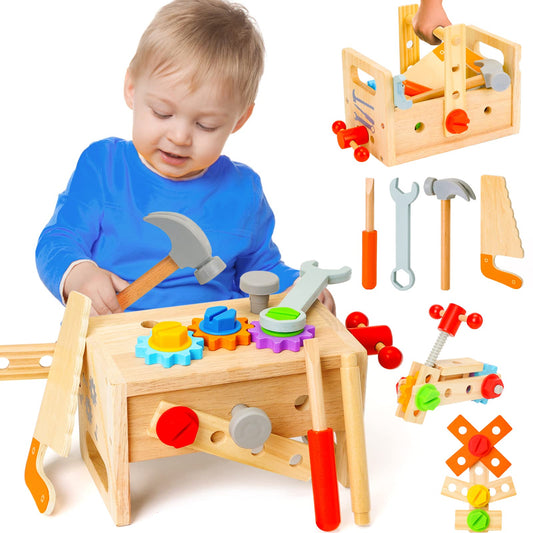 Hieoby wooden tool set toolbox with bright colors encourages creative play and organization.