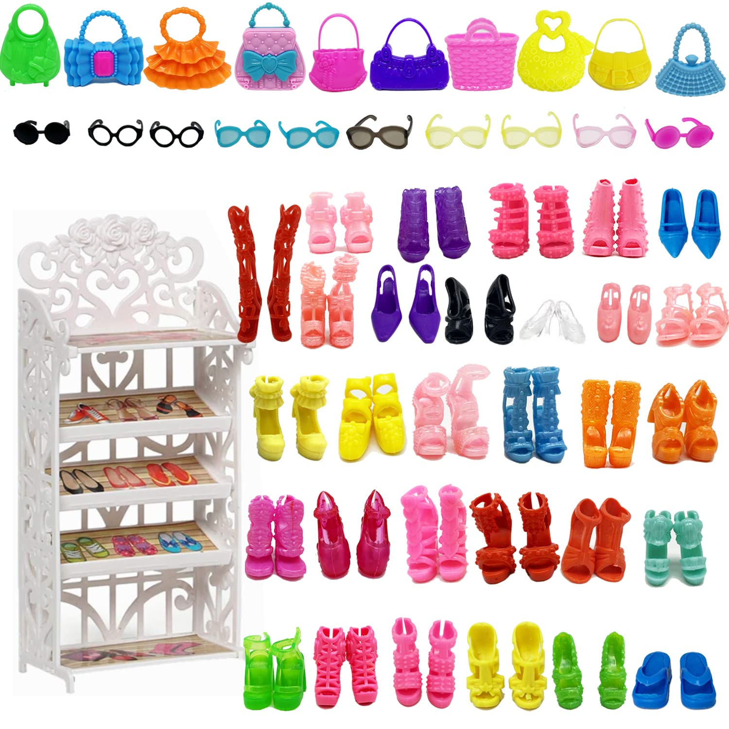 HighFun doll shoe rack display for 11.5-inch dolls, organized and accessible