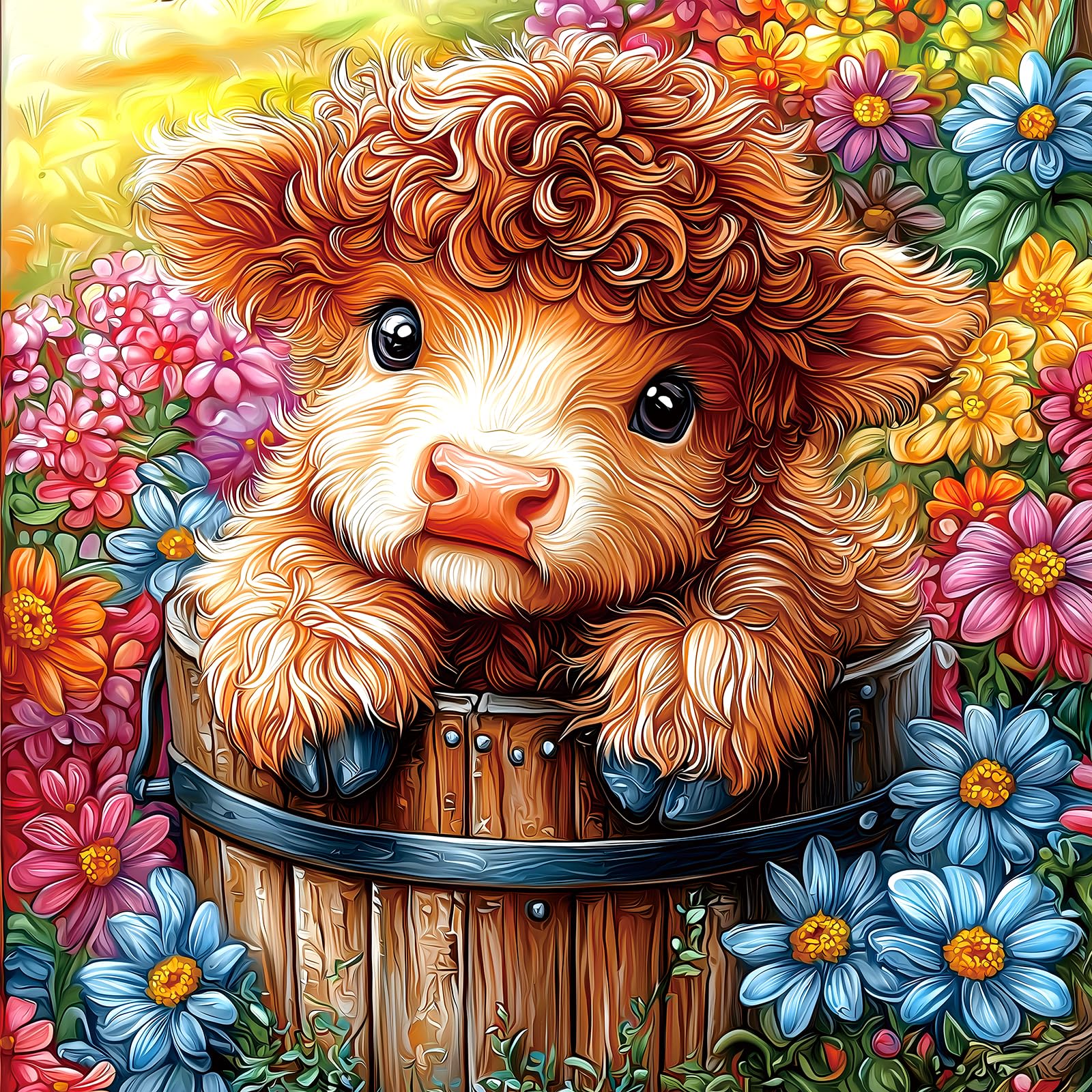 MINIWAN Highland Cow puzzle in a floral garden for relaxing family time.