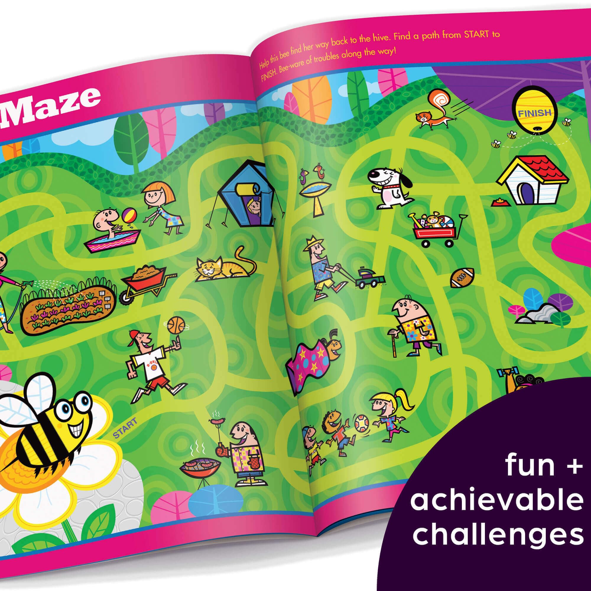 Highlights for Children Amazing Mazes page with a kid solving a maze to boost visual tracking.