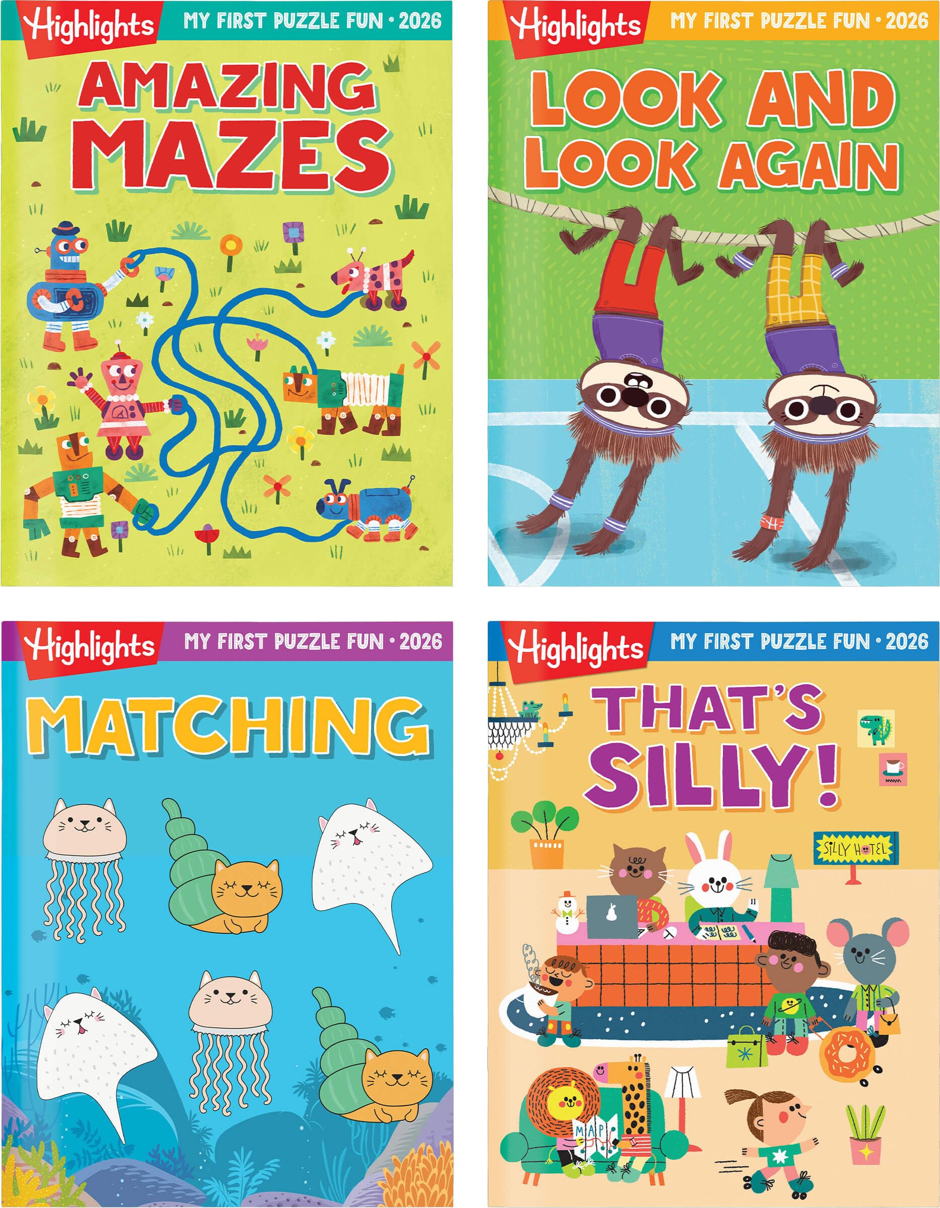Highlights for Children My First Puzzle Fun 2026 book cover with bright puzzles for early learners