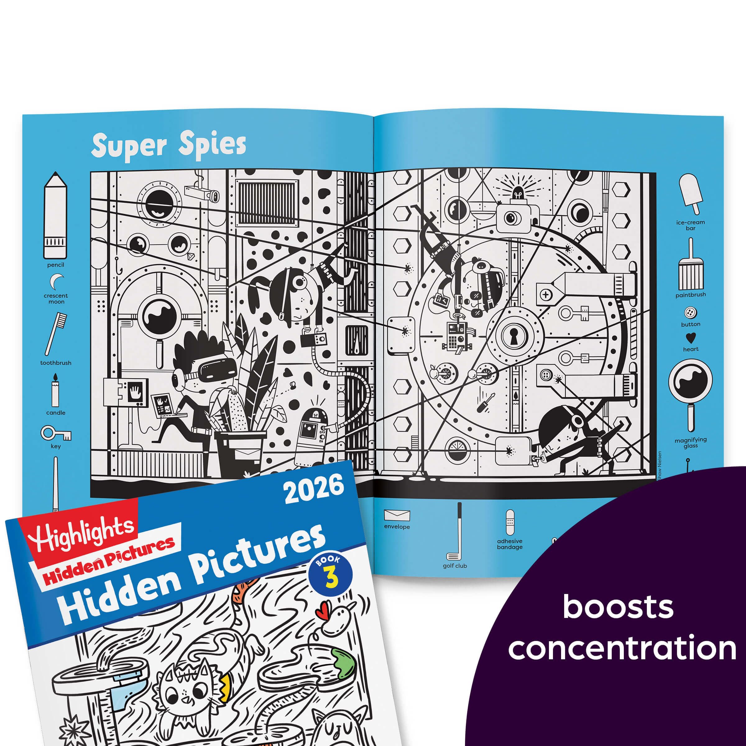Highlights Hidden Pictures 2026 coloring-page image offers post-find coloring for creativity.
