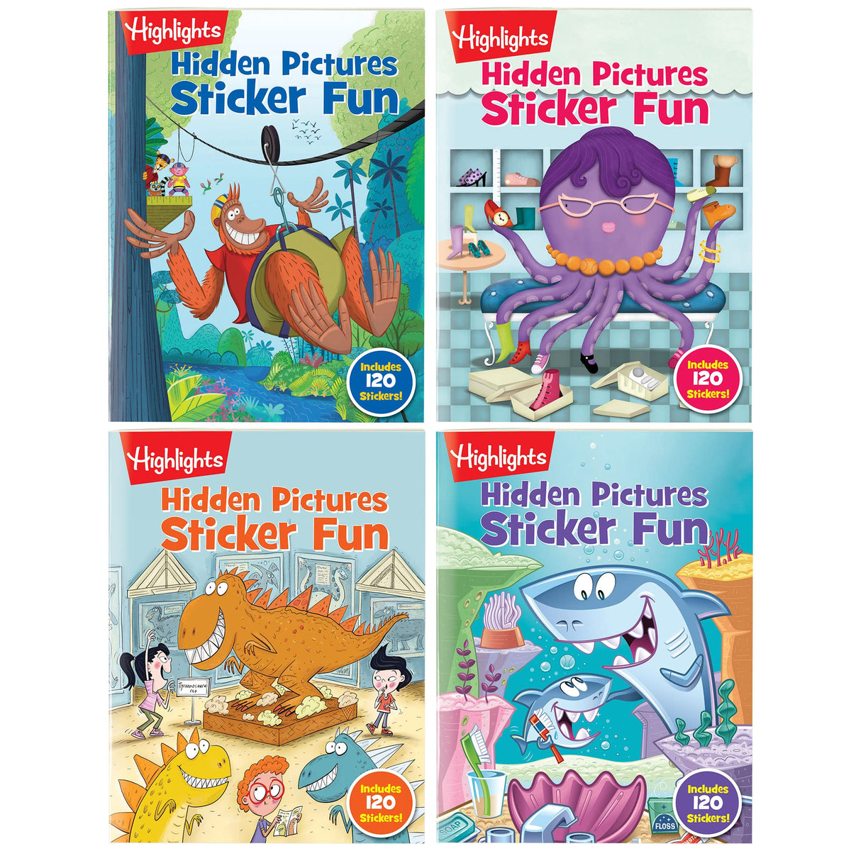 Highlights Hidden Pictures Sticker Fun cover displays four books, ideal for portable learning.