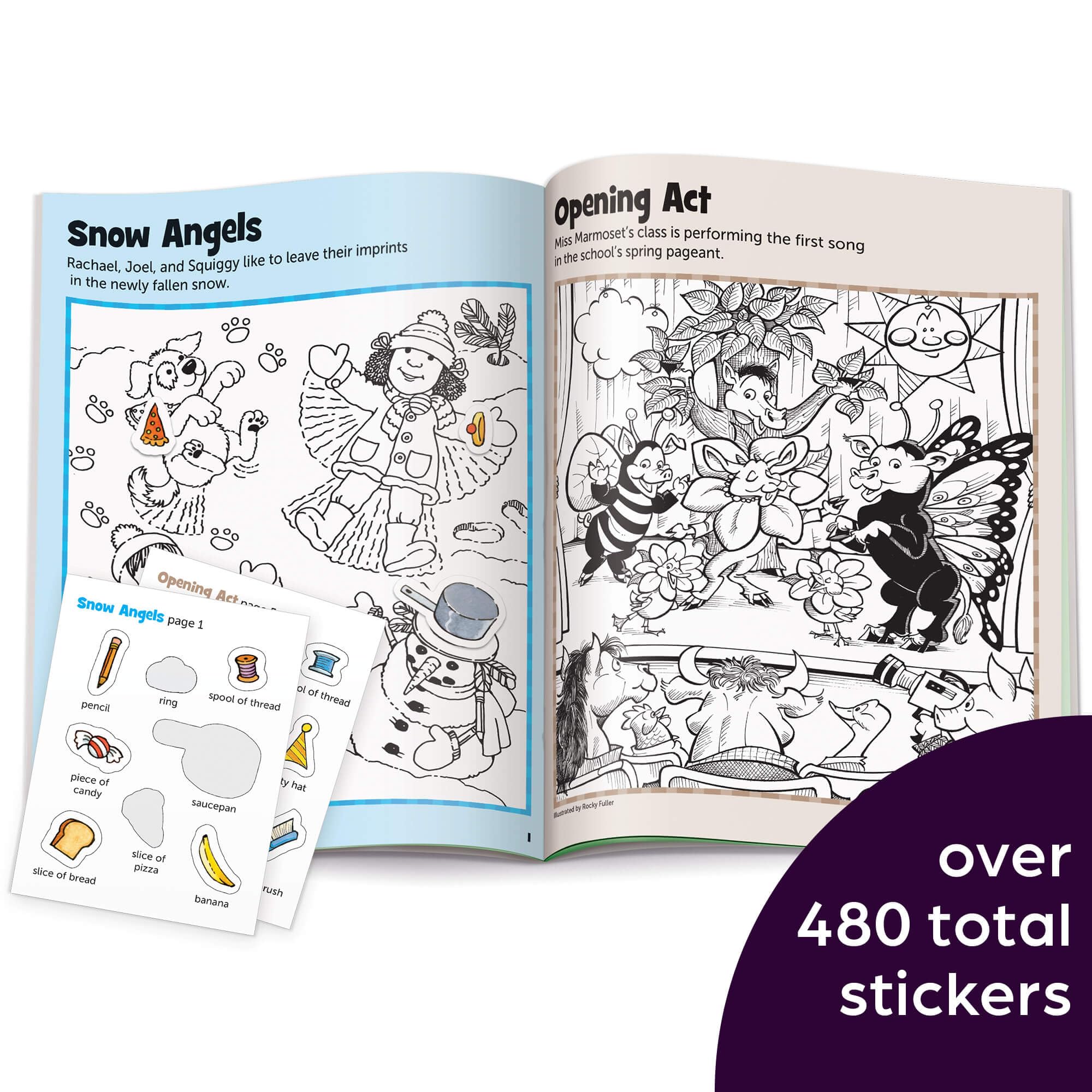 Highlights Hidden Pictures Sticker Fun open pages show stickers and color scenes for on the go play.