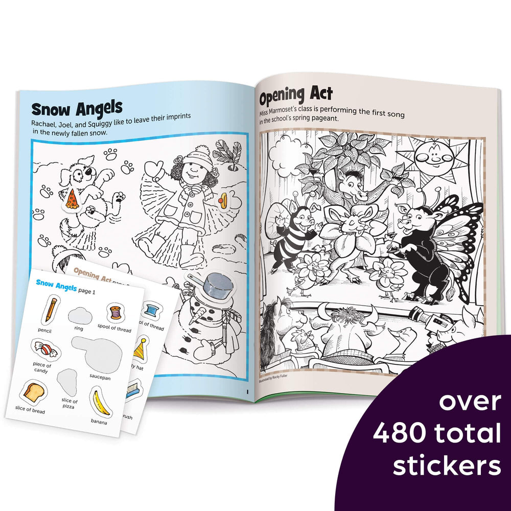 Highlights Hidden Pictures Sticker Fun open pages show stickers and color scenes for on the go play.