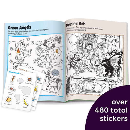 Highlights Hidden Pictures Sticker Fun open pages show stickers and color scenes for on the go play.