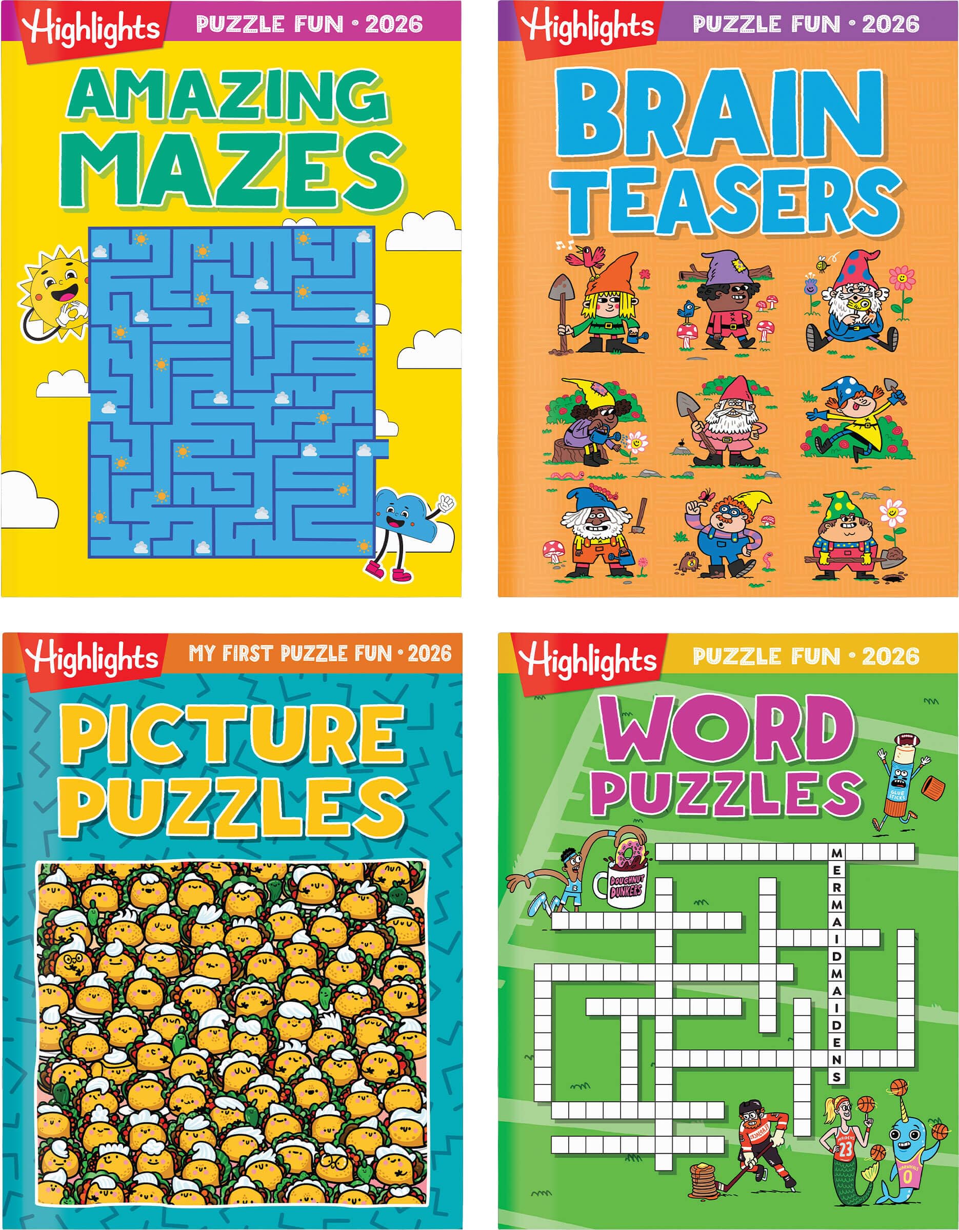 Highlights Puzzle Fun 4-Book Set cover, vibrant design boosts curiosity and screen-free entertainment on trips.