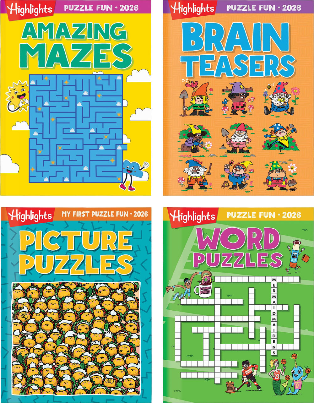 Highlights Puzzle Fun 4-Book Set cover, vibrant design boosts curiosity and screen-free entertainment on trips.