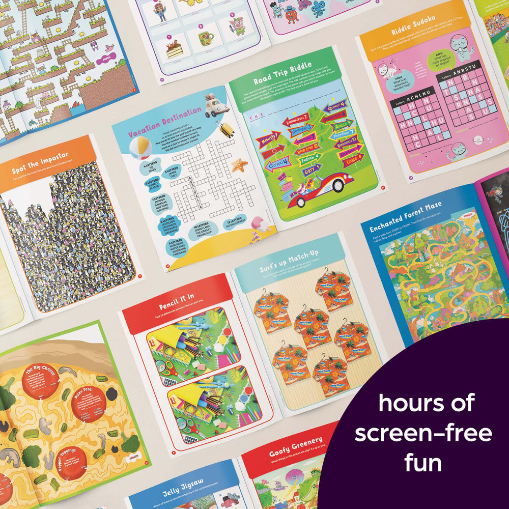Family road-trip activity with Highlights Puzzle Fun keeps kids engaged on long drives.