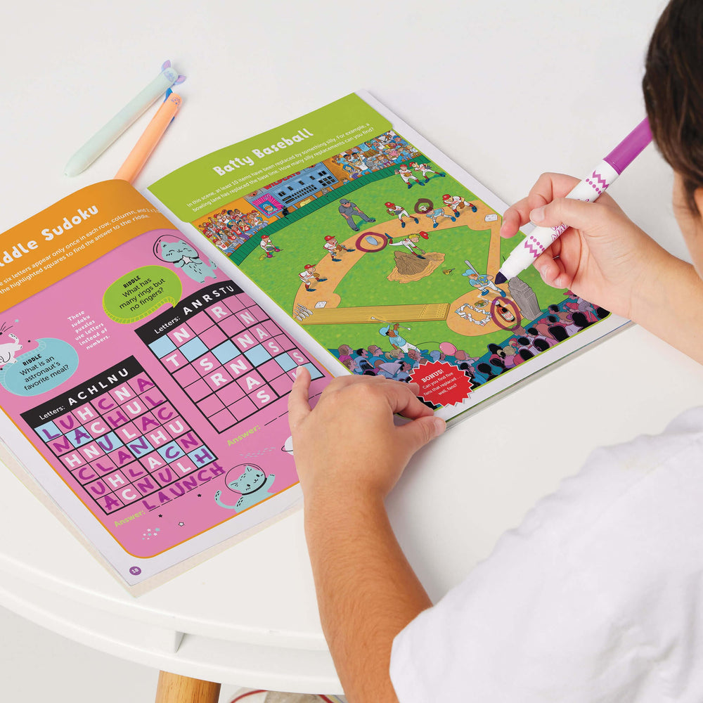 Travel-ready Highlights Puzzle Fun set is compact and easy to pack.