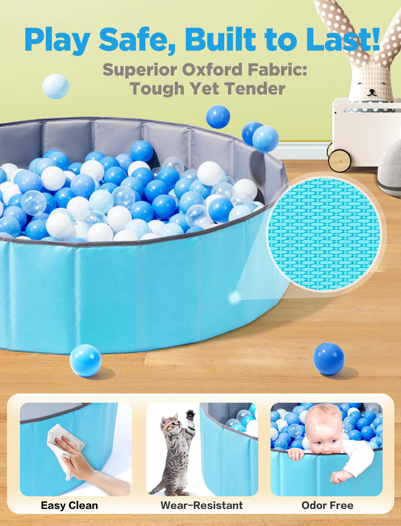Hikiddy ball pit doubles as pet space in a cozy living area