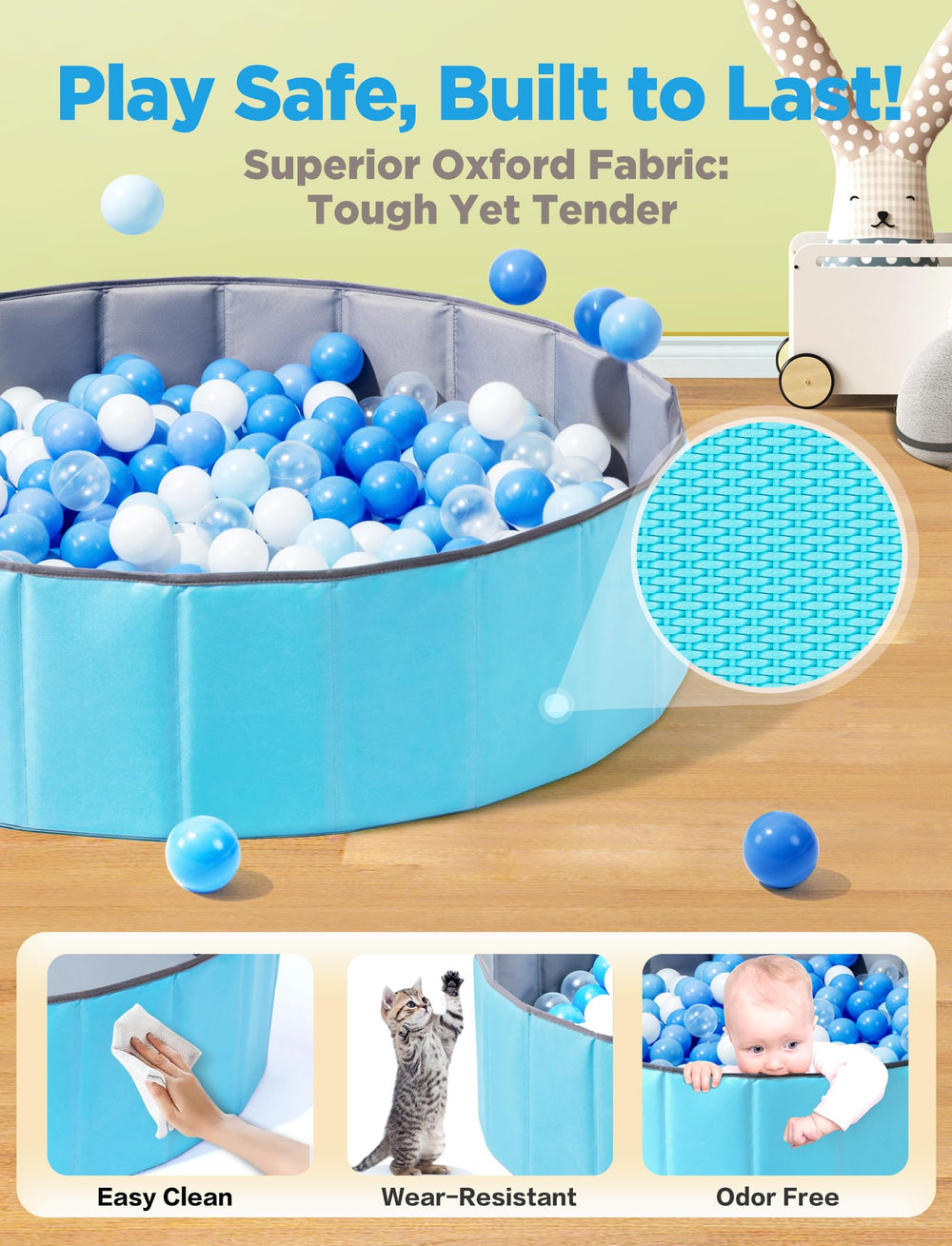 Hikiddy ball pit doubles as pet space in a cozy living area