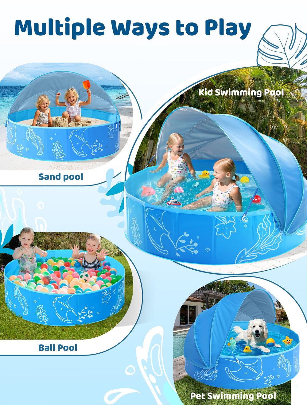 Hikiddy pool used at the beach, backyard, or park with shade and splash-friendly design
