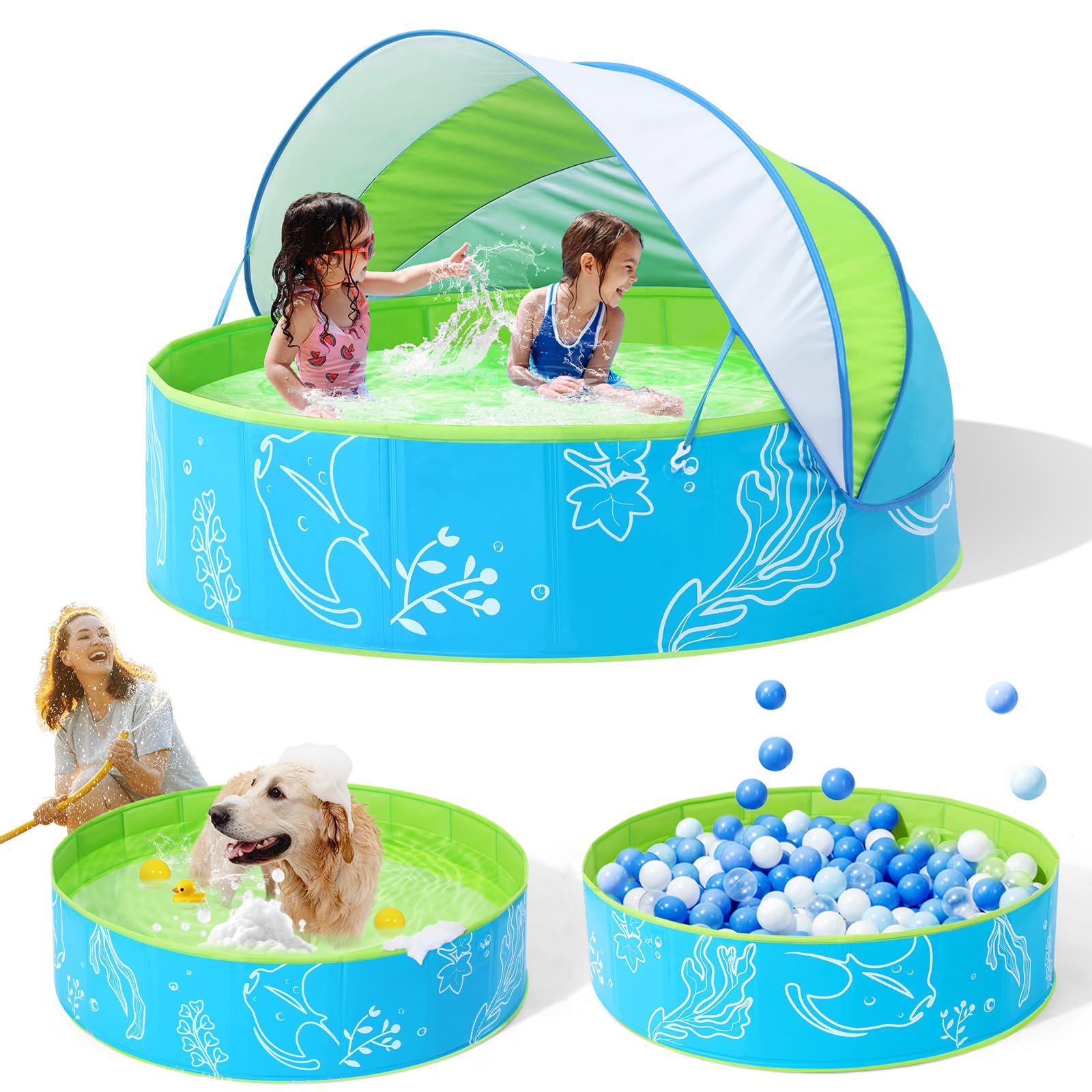 Hikiddy foldable Kiddie Pool with canopy provides sun shading for safe outdoor play